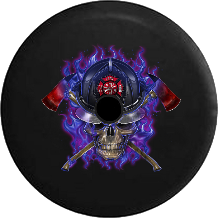 Jeep Wrangler JL Backup Camera Day Flaming Hot Fire Fighter Helmet on Skull Crossed Axes RV Camper Spare Tire Cover-35 inch