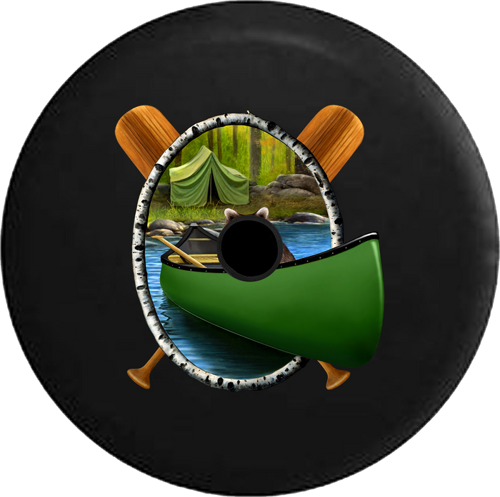 Jeep Wrangler JL Backup Camera Day Raccoon in Canoe Camping at River Lake Edge RV Camper Spare Tire Cover-35 inch