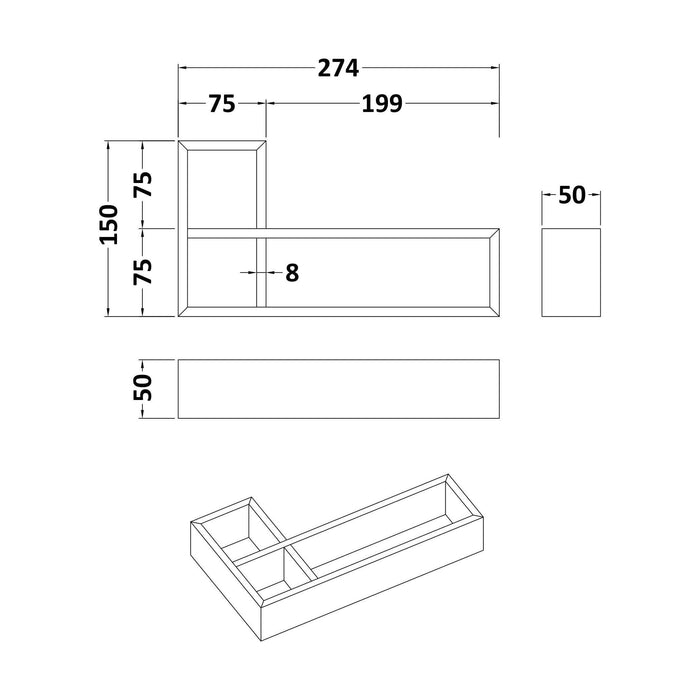 [BFDL300] L Shaped Organiser Insert 274x150x50 - Technical Drawing