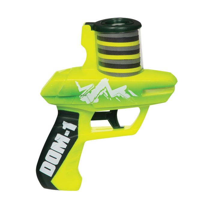 The Lanard Duel Zip Shot Twin Pack by Lanard features a bright yellow and green foam shooter with a black grip labeled DON-1, white mountain graphics, and black/green circular details on top—ideal for outdoor shooting fun.