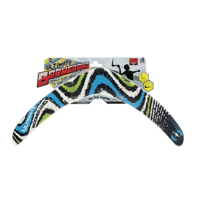 A blue, black, green, and white patterned foam Lanard Ultimate Boomerang by Lanard is shown with packaging that claims it really flies back to you and features silhouettes plus more product details.