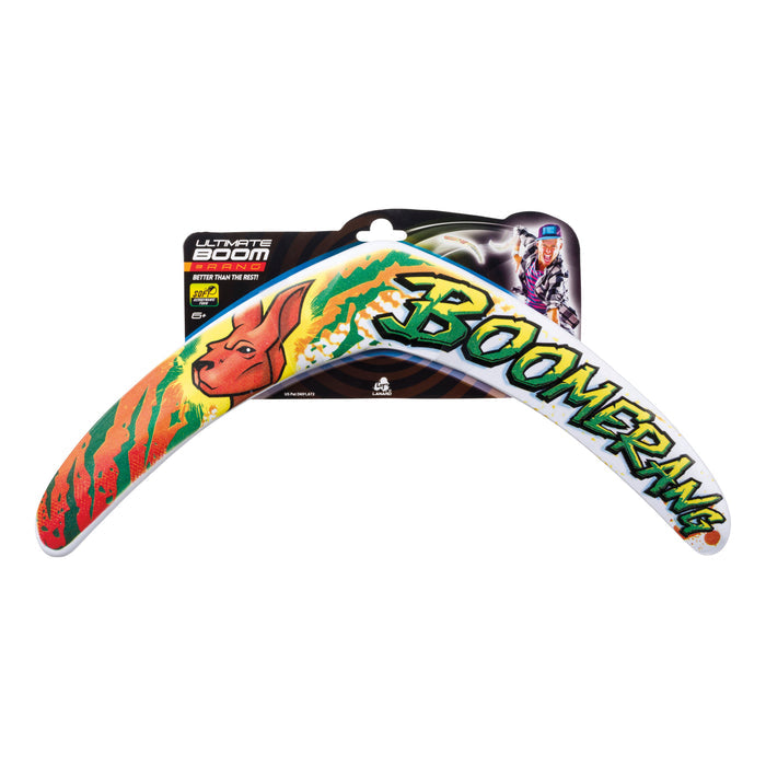 The Lanard Ultimate Boomerang by Lanard features a colorful foam design with a kangaroo illustration and bold "BOOMERANG" lettering, displayed before its Ultimate Boom packaging—ideal as an outdoor toy.