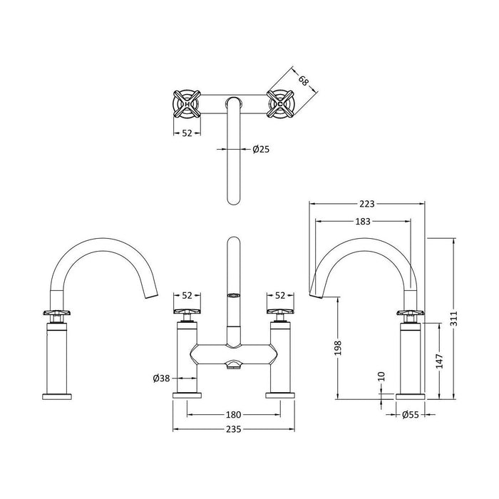 [BTCN353X] Levedale Deck Mounted Bath Filler Tap with Crosshead Handles - Choice of Finish - Technical Drawing