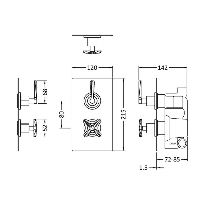 [BSCN8210L] Levedale Twin Concealed Crosshead Thermostatic Shower Valve (1 Outlets) - Technical Drawing