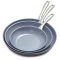 Set of three grey ceramic frypans 8, 10, 12 stacked together, viewed from above on a white background.