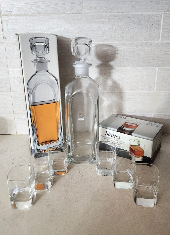 Luigi Bormioli Strauss Crystal Whiskey Decanter & 6 Shot Glasses