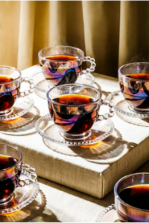 Luster Glass Tea Cup & Saucer Set - 6 Person, 200ml Capacity