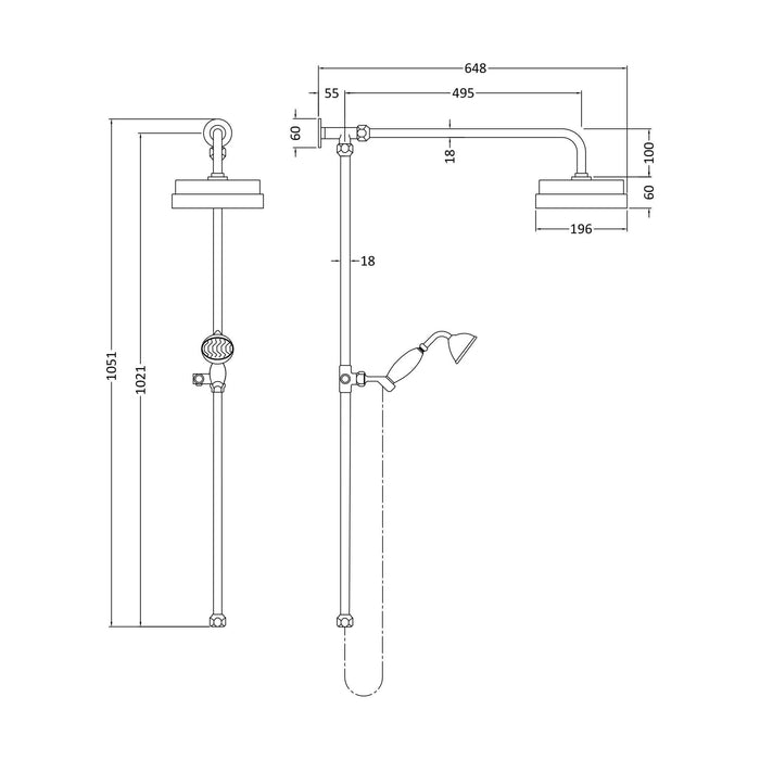 [BSRR606] Luxury Rigid Riser Shower Kit with Fixed Head & Handset  - Chrome/White - Technical Drawing