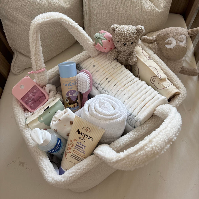 Mabel & Fox - Milk Nappy Caddy & Blue Gingham Wedge Bundle