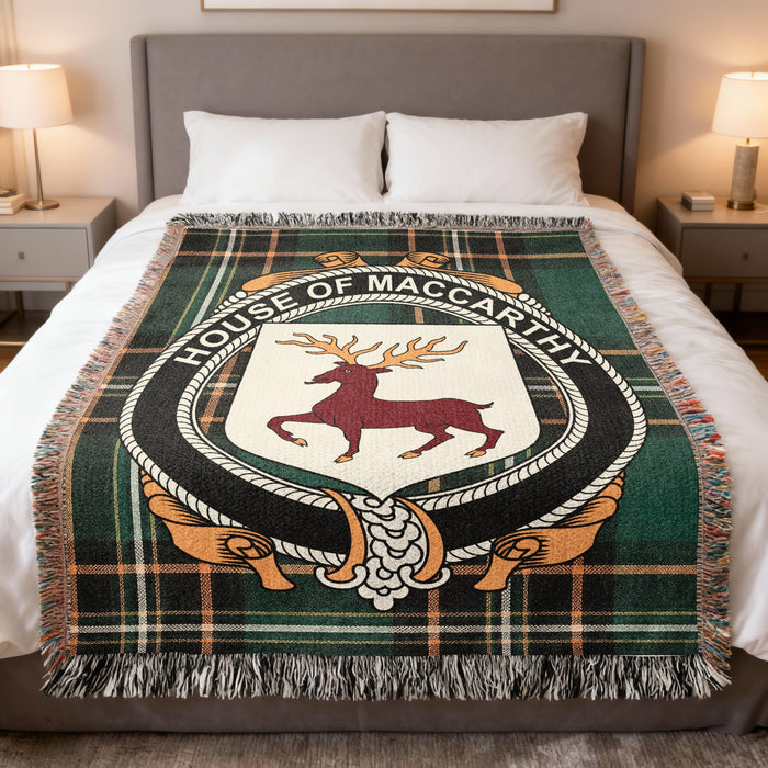 MacCarthy Irish National Tartan woven blanket with family crest emblem