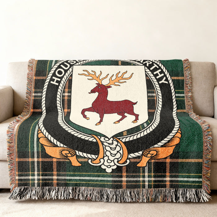 MacCarthy Irish National Tartan woven blanket displayed on a sofa