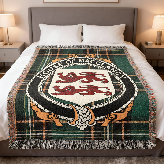 MacClancy Irish National Tartan woven blanket with family crest emblem