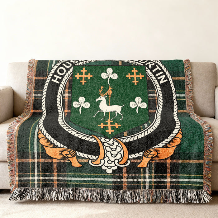 MacCurtin Irish National Tartan woven blanket displayed on a sofa
