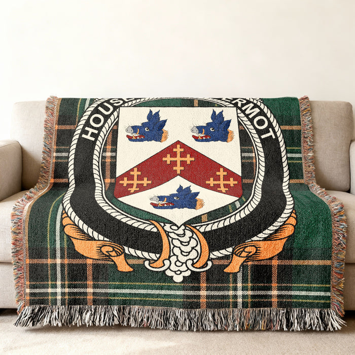 MacDermot Irish National Tartan woven blanket displayed on a sofa