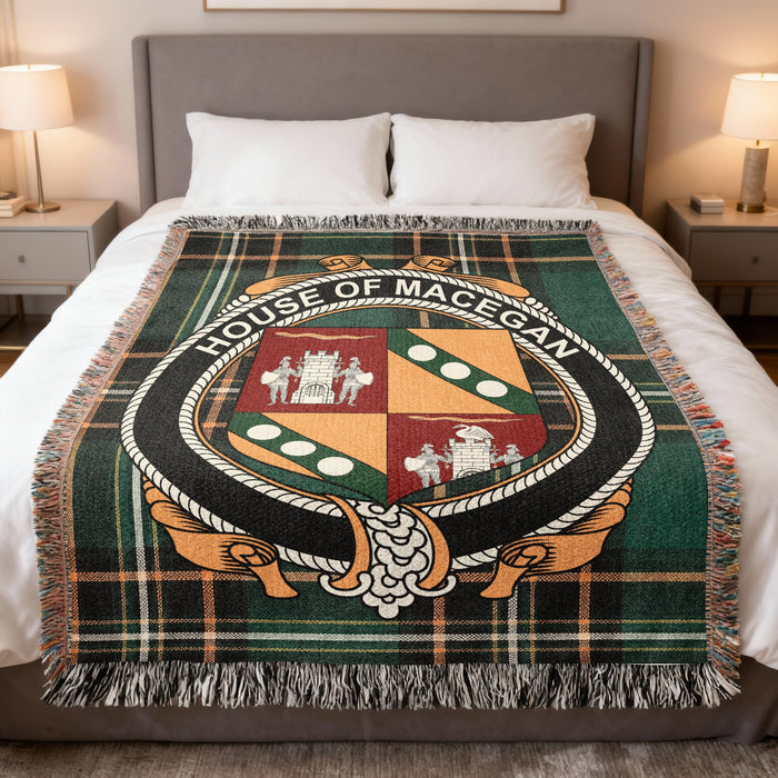 MacEgan Irish National Tartan woven blanket with family crest emblem
