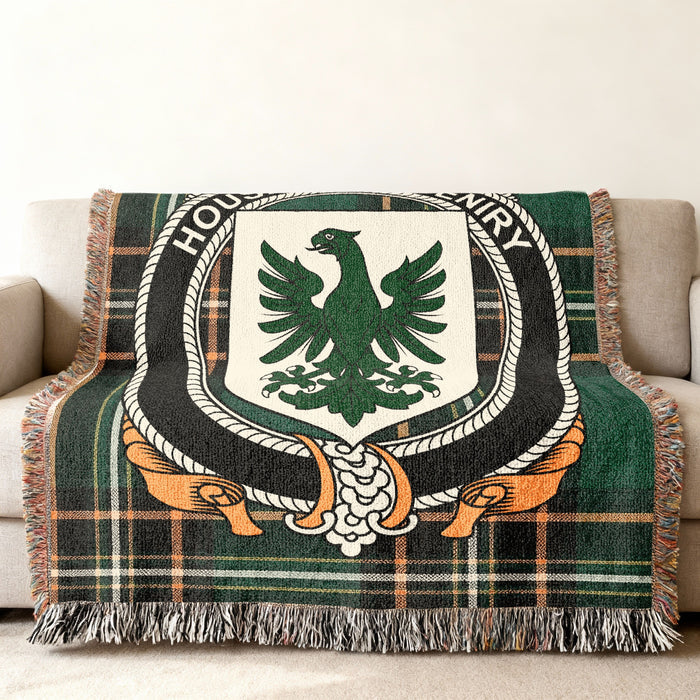 MacEniry Irish National Tartan woven blanket displayed on a sofa