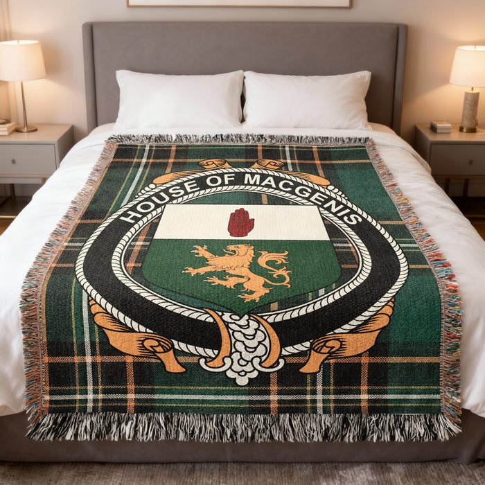 MacGenis Irish National Tartan woven blanket with family crest emblem