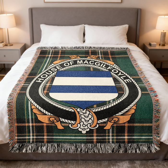 MacGilfoyle Irish National Tartan woven blanket with family crest emblem