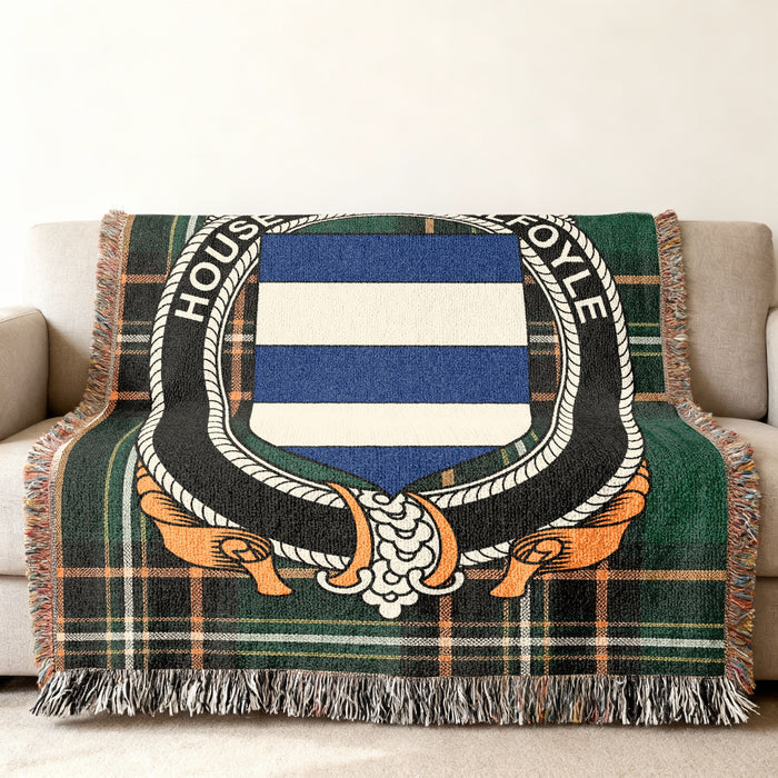 MacGilfoyle Irish National Tartan woven blanket displayed on a sofa