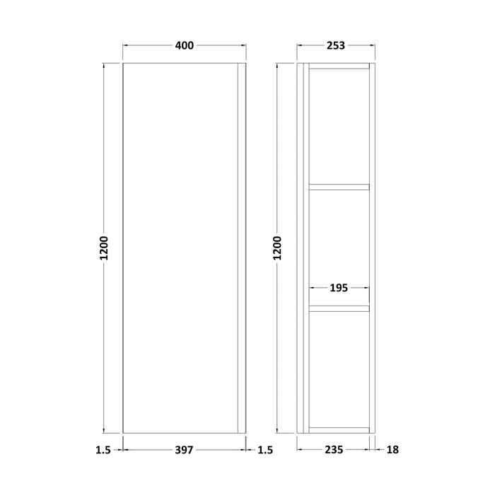[BFRA162] Mavesyn Contemporary 1 Soft Close Door Wall Hung Tall Storage Unit, 400mm, Choice of Colour - Technical Drawing
