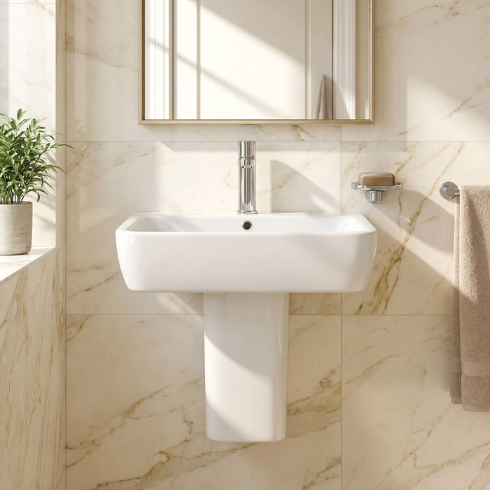 [BCAL026] Meaford Contemporary Square 1 Tap Hole Ceramic Bathroom Sink and Semi Pedestal, 445 x 550 x 450mm - Silo