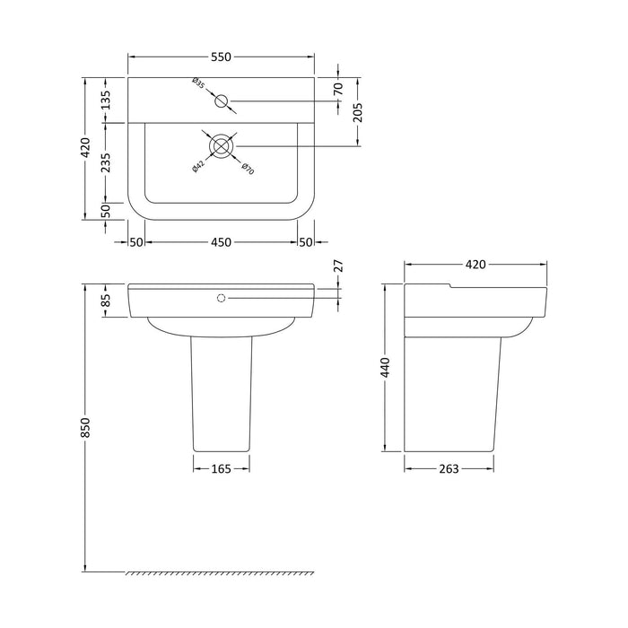 [BCAL026] Meaford Contemporary Square 1 Tap Hole Ceramic Bathroom Sink and Semi Pedestal, 445 x 550 x 450mm - Technical Drawing