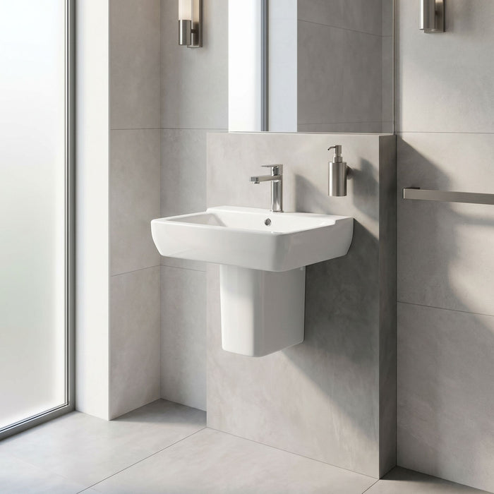 [BCAL026] Meaford Contemporary Square 1 Tap Hole Ceramic Bathroom Sink and Semi Pedestal, 445 x 550 x 450mm - Lifestyle 1