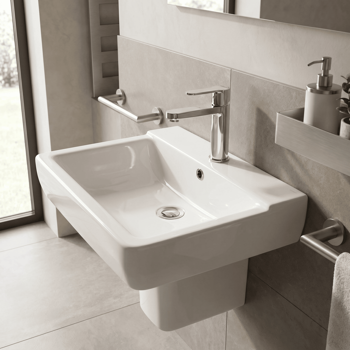 [BCAL026] Meaford Contemporary Square 1 Tap Hole Ceramic Bathroom Sink and Semi Pedestal, 445 x 550 x 450mm - Lifestyle 2