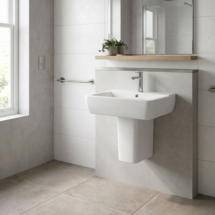 [BCAL026] Meaford Contemporary Square 1 Tap Hole Ceramic Bathroom Sink and Semi Pedestal, 445 x 550 x 450mm - Lifestyle 3