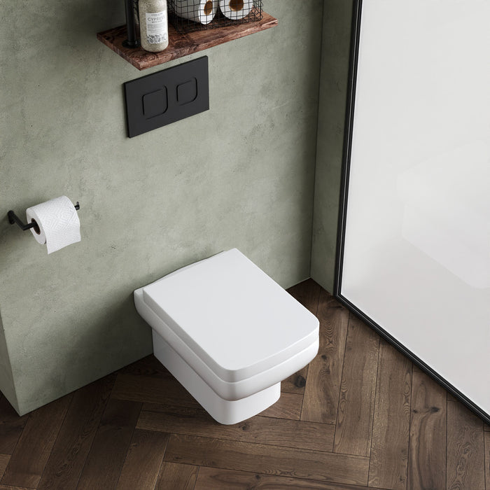 [BCAL005] Meaford Contemporary Square Wall Hung Toilet Pan and Soft Close Seat, 420 x 350 x 525mm - Lifestyle 2
