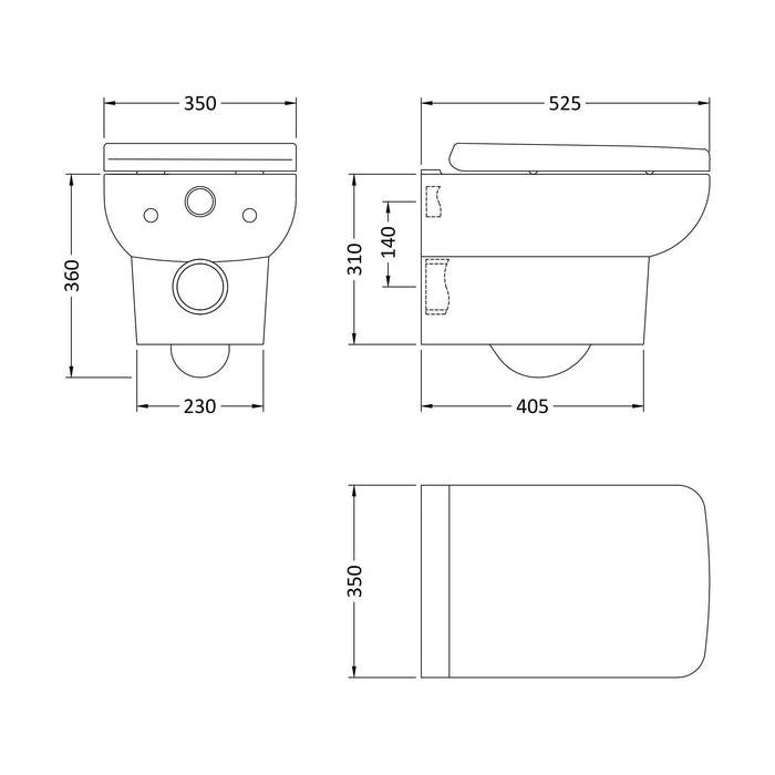[BCAL005] Meaford Contemporary Square Wall Hung Toilet Pan and Soft Close Seat, 420 x 350 x 525mm - Technical Drawing