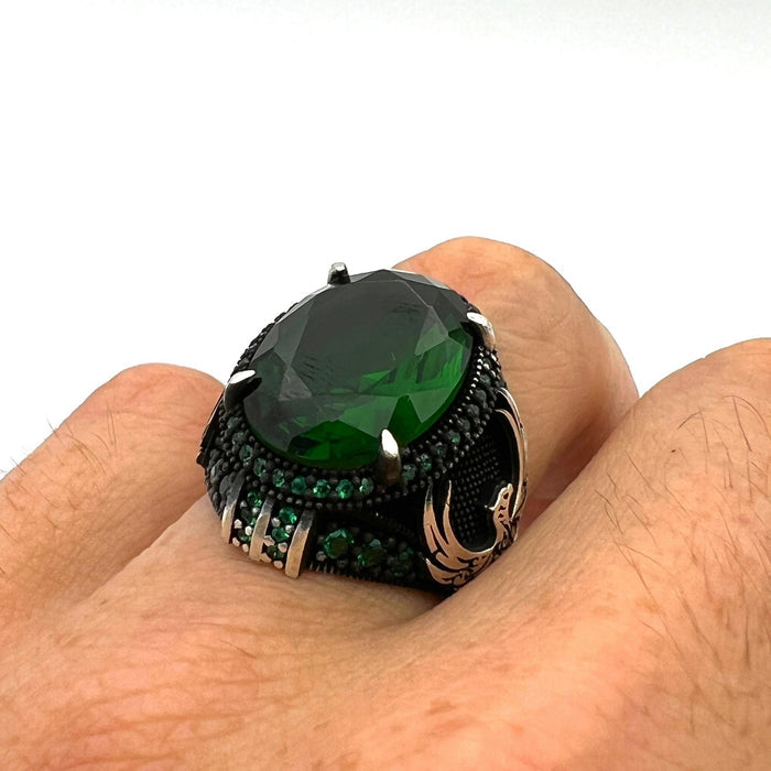 Men's Handcrafted 925 Sterling Silver Ottoman Eagle Ring with Green Emerald Stone