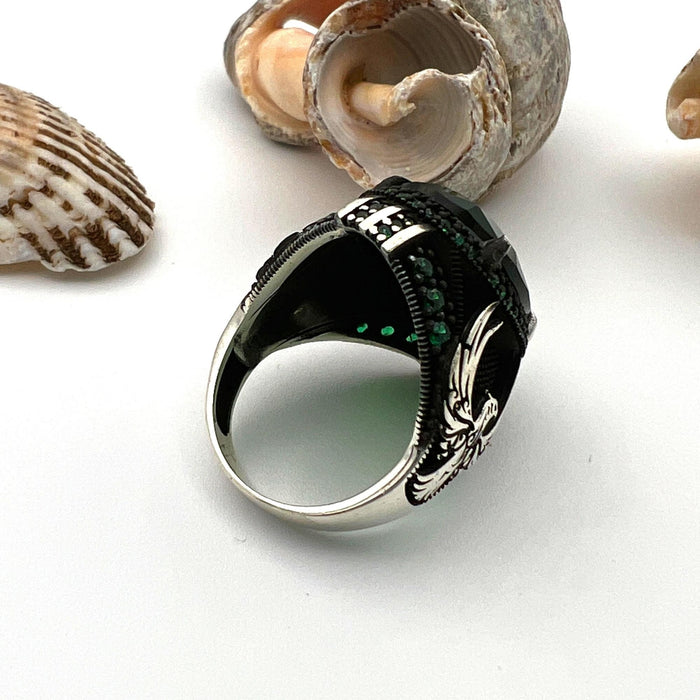 Men's Handcrafted 925 Sterling Silver Ottoman Eagle Ring with Green Emerald Stone