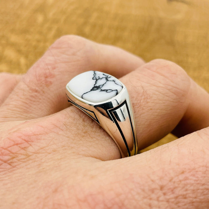 Men's Handcrafted 925 Sterling Silver White Turquoise Rectangle Ring - Unique Gift for Him