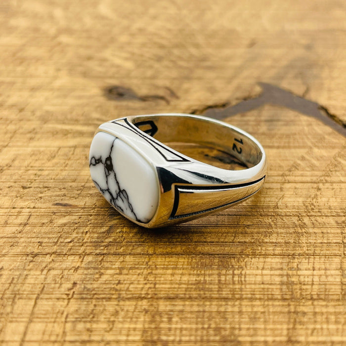 Men's Handcrafted 925 Sterling Silver White Turquoise Rectangle Ring - Unique Gift for Him