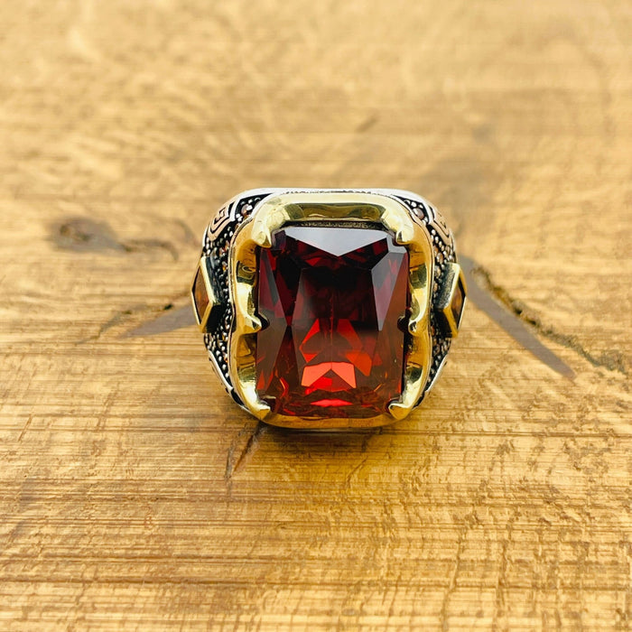 Men's Handcrafted Turkish 925 Sterling Silver Ruby Ring - Bold Red Stone Jewelry