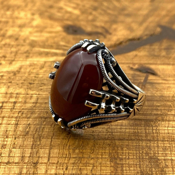 Men's Handcrafted Yemeni Aqeeq (Agate) Stone 925 Sterling Silver Ring - Ottoman Inspired Gift for Him - TryAladdin