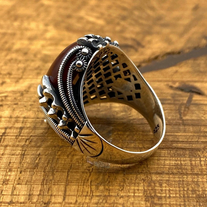 Men's Handcrafted Yemeni Aqeeq (Agate) Stone 925 Sterling Silver Ring - Ottoman Inspired Gift for Him - TryAladdin