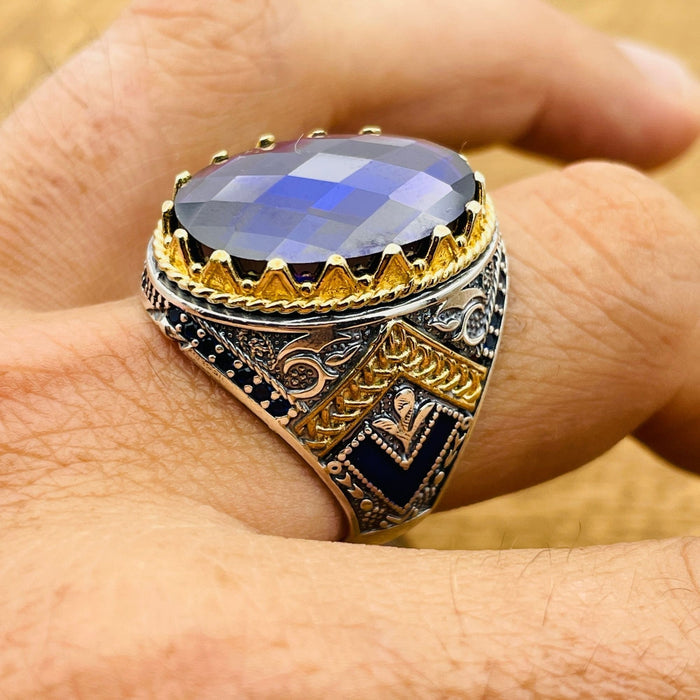 Men's Handmade 925 Sterling Silver Ottoman Amethyst Oval Ring - Turkish Artisan Purple Gemstone