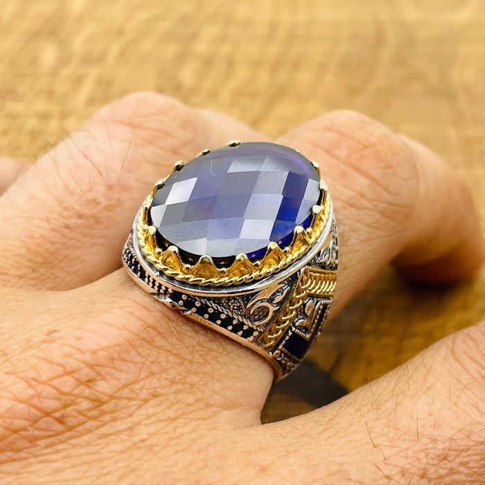 Men's Handmade 925 Sterling Silver Ottoman Amethyst Oval Ring - Turkish Artisan Purple Gemstone