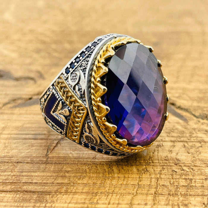 Men's Handmade 925 Sterling Silver Ottoman Amethyst Oval Ring - Turkish Artisan Purple Gemstone