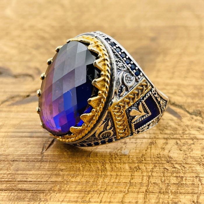 Men's Handmade 925 Sterling Silver Ottoman Amethyst Oval Ring - Turkish Artisan Purple Gemstone
