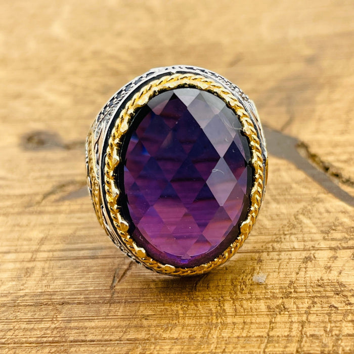 Men's Handmade 925 Sterling Silver Ottoman Amethyst Oval Ring - Turkish Artisan Purple Gemstone