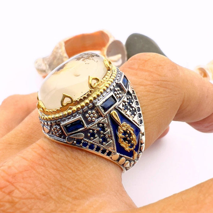 Men's Handmade Turkish Sterling Silver Yemeni Aqeeq Agate Ring - TryAladdin