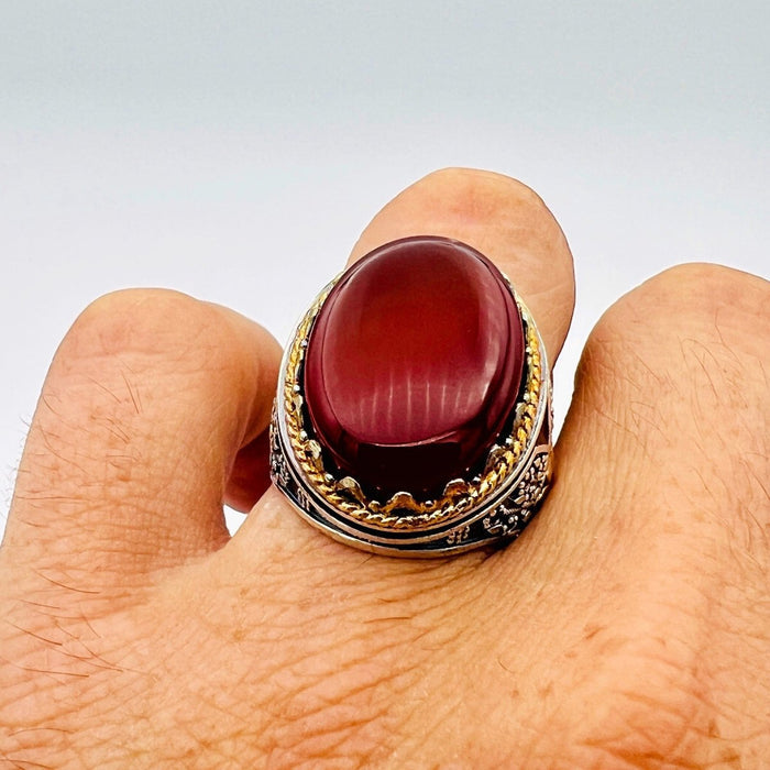 Men's Handmade Yemeni Aqeeq Red Agate Ring - 925 Sterling Silver Ottoman Turkish Design - TryAladdin