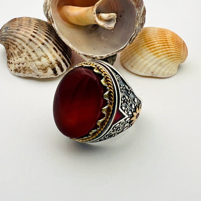 Men's Handmade Yemeni Aqeeq Red Agate Ring - 925 Sterling Silver Ottoman Turkish Design - TryAladdin