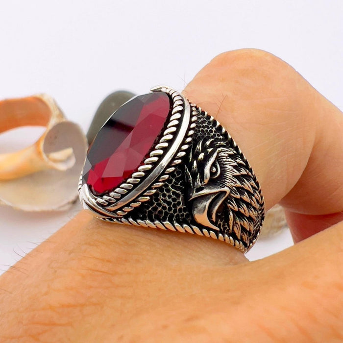Men's Rugged Turkish Handmade 925 Sterling Silver Eagle Garnet Ring - TryAladdin