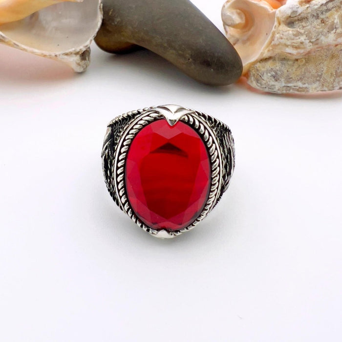 Men's Rugged Turkish Handmade 925 Sterling Silver Eagle Garnet Ring - TryAladdin