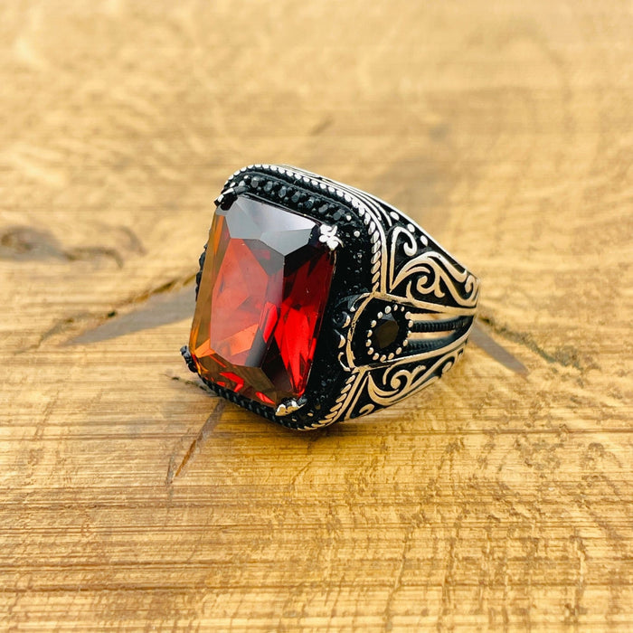 Men's Sterling Silver Ottoman Ruby Ring | Handmade Turkish Jewelry Gift