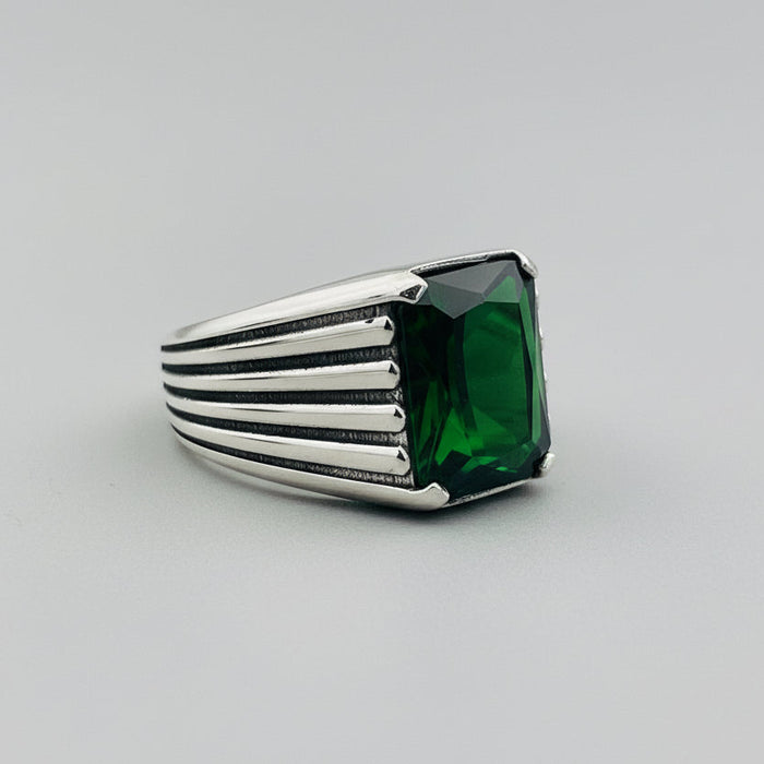Men's Green Emerald Stone Silver Ring - TryAladdin
